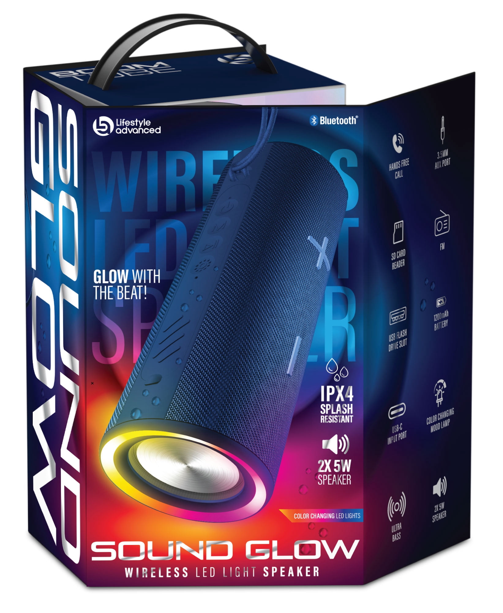 Lifestyle Advanced Sound Glow Portable Bluetooth Speaker with LED Light Modes, Rechargeable, Navy