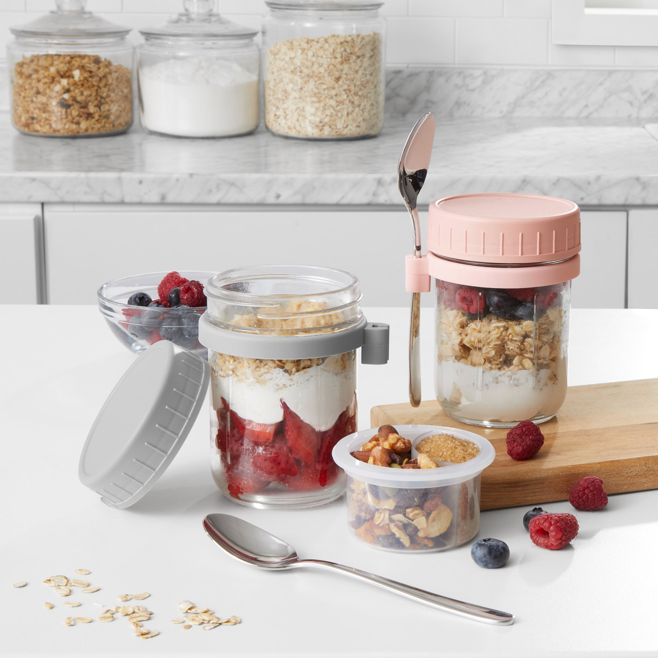 Mainstays Portable Overnight Oats Food Jar and Parfait Container, Designed to Help with Packed Lunches and Daily Commutes, Meal Prep, and Overnight Oats