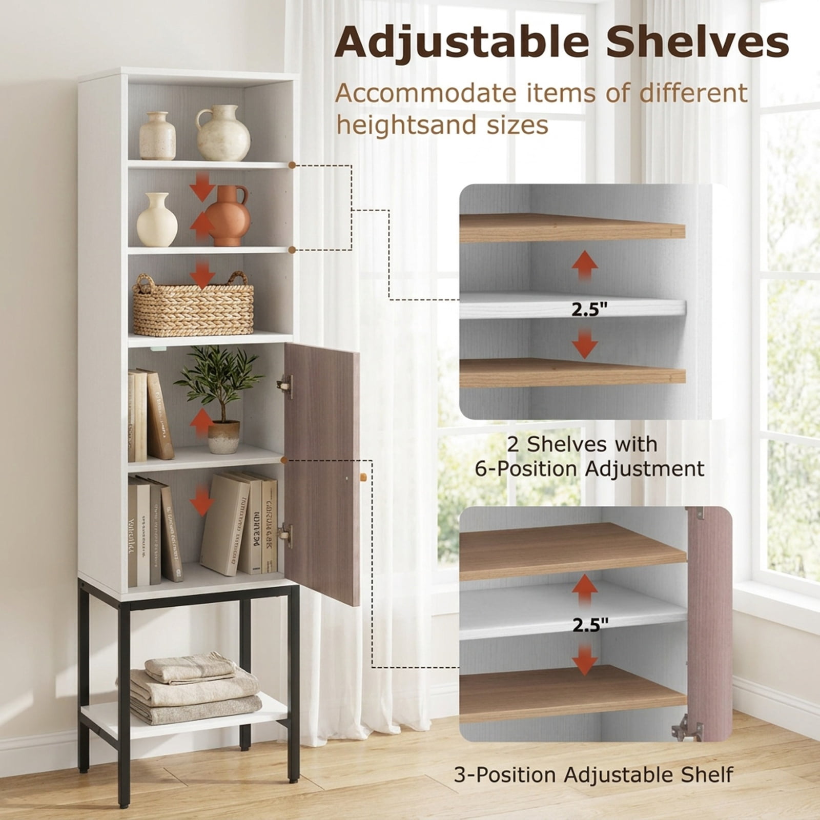 Vebreda Freestanding Bathroom Storage Cabinet, 57 Inch Bathroom Tall Cabinet with 1 Door and 4 Shelves Narrow Storage Unit with Adjustable