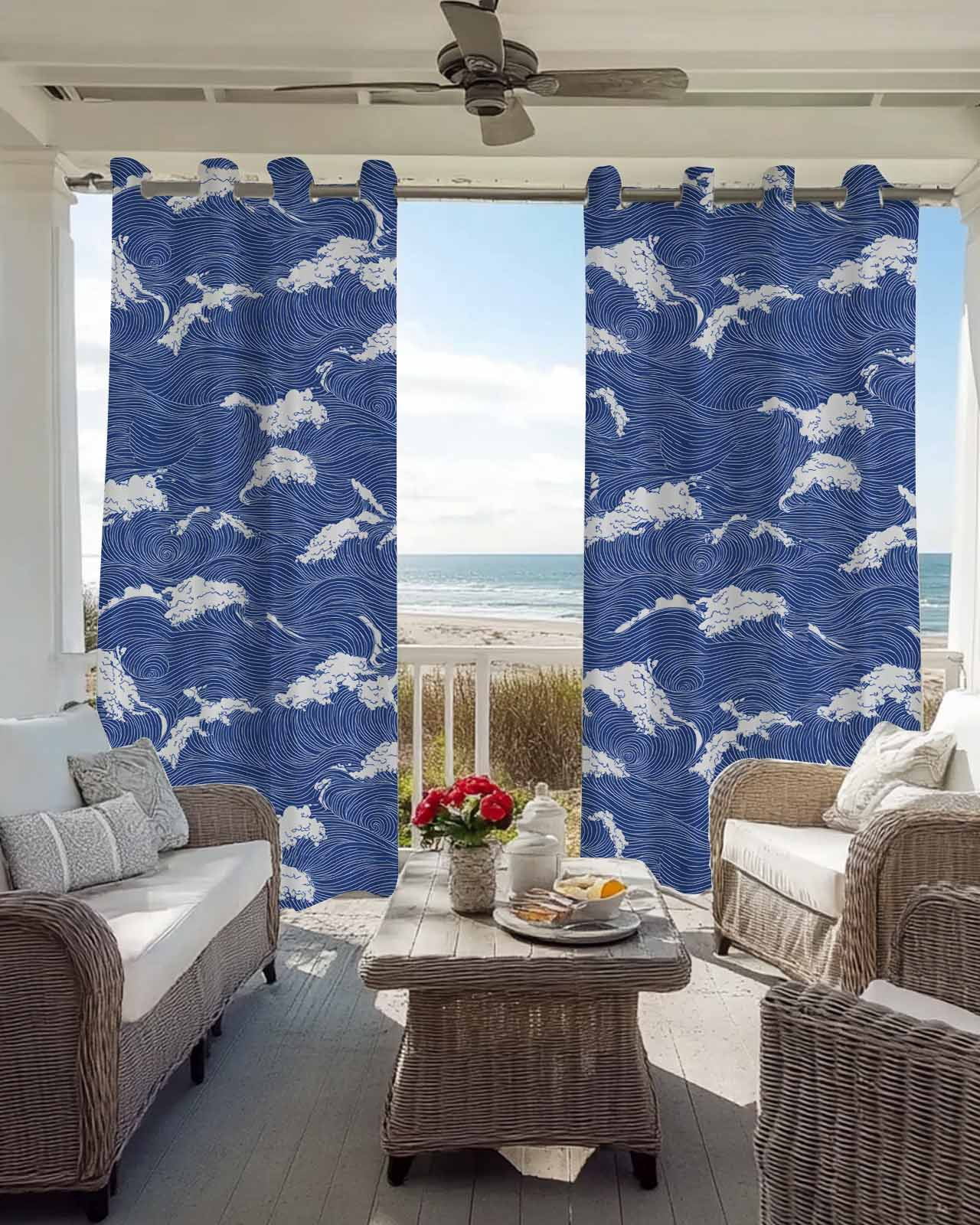 Modern Blackout Curtains for Bedroom Living Room, Ocean Blue Wavy Lines 39 In Long Thermal Insulated Room Darkening Drapes Grommet Window Treatments, 27.5 x 39 In