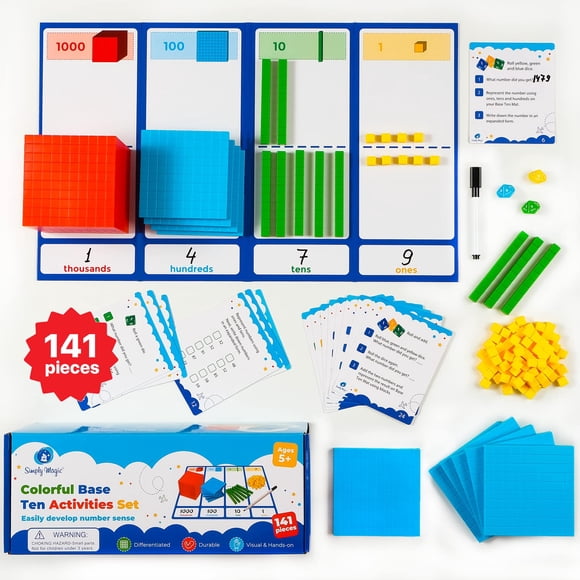Simply magic 141 bloques de base diez para matemáticas - Manipulantes matemáticos Bloques de unidades K-3 Bloques de conteo de 1er 2do 3er grado - Juego de jardín de infantes Bloques matemáticos Unos