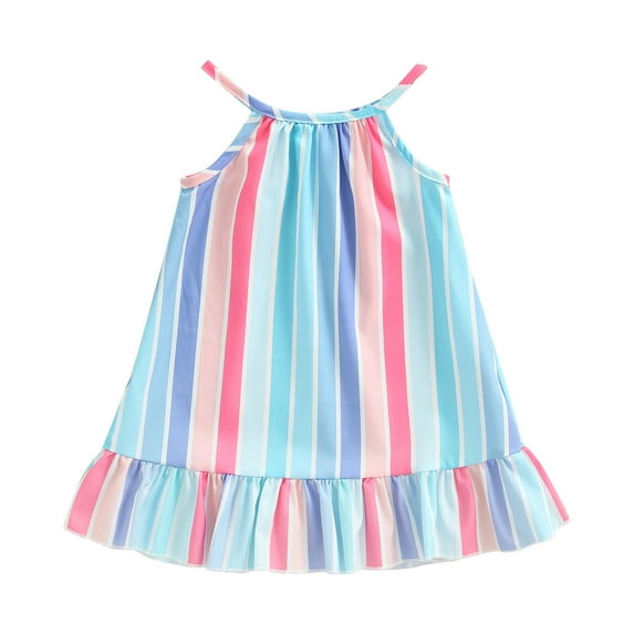 Biekopu Kids Girls Summer Sleeveless Dress Vertical Stripe Print Ruffle Hem Casual Spaghetti Strap Dress