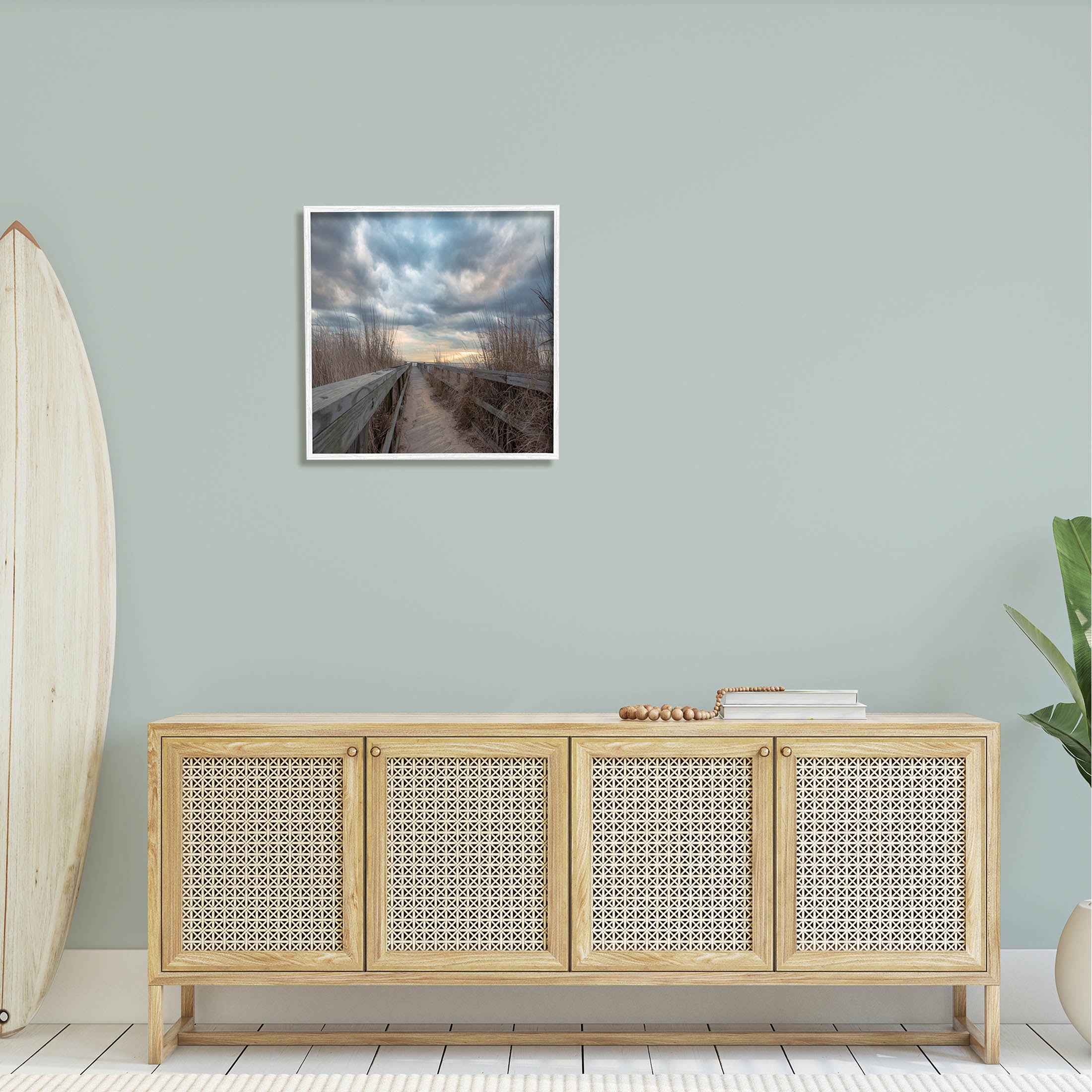 Cloudy Coastal Boardwalk View Coastal Photograph White Framed Art Print Wall Art