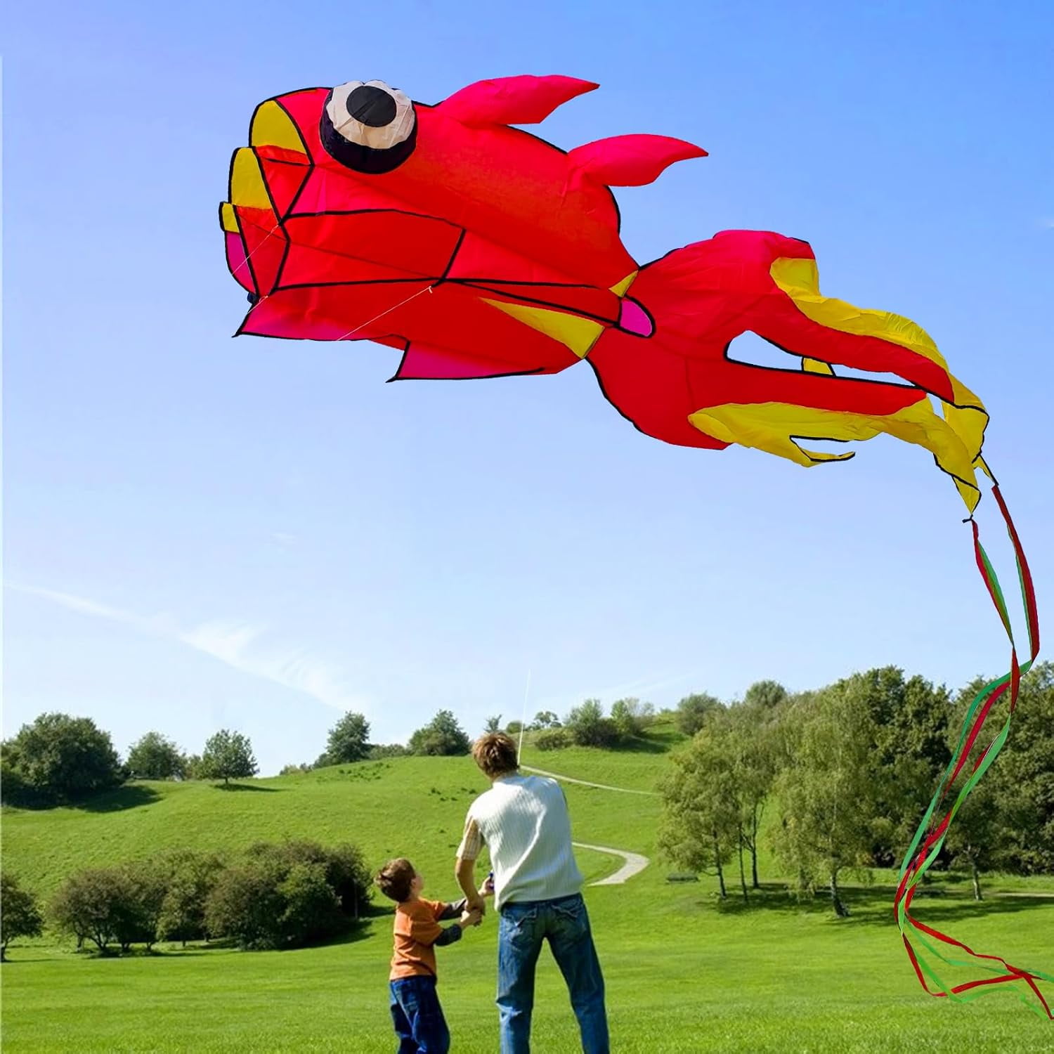 Large 43ft 3D Goldfish Frameless Soft Umbrella Kite for Adults, Easy to Fly with 330ft String for Beach and Park, Ages 12+
