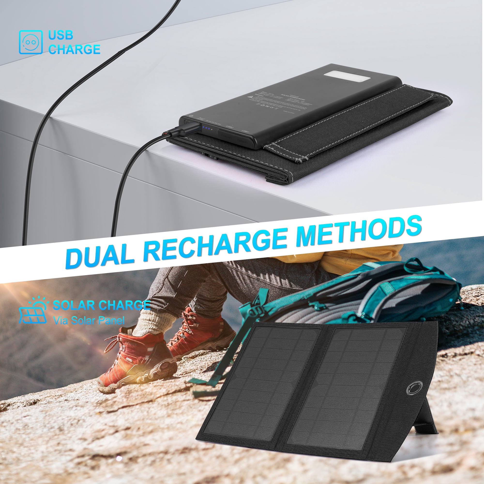 OWNTECH Solar Charger, 20000mAh Outdoor Waterproof Portable Power Bank，5V USB Ports Output for Smartphones iPhone Tablets Outdoor Camping Hiking (Black)