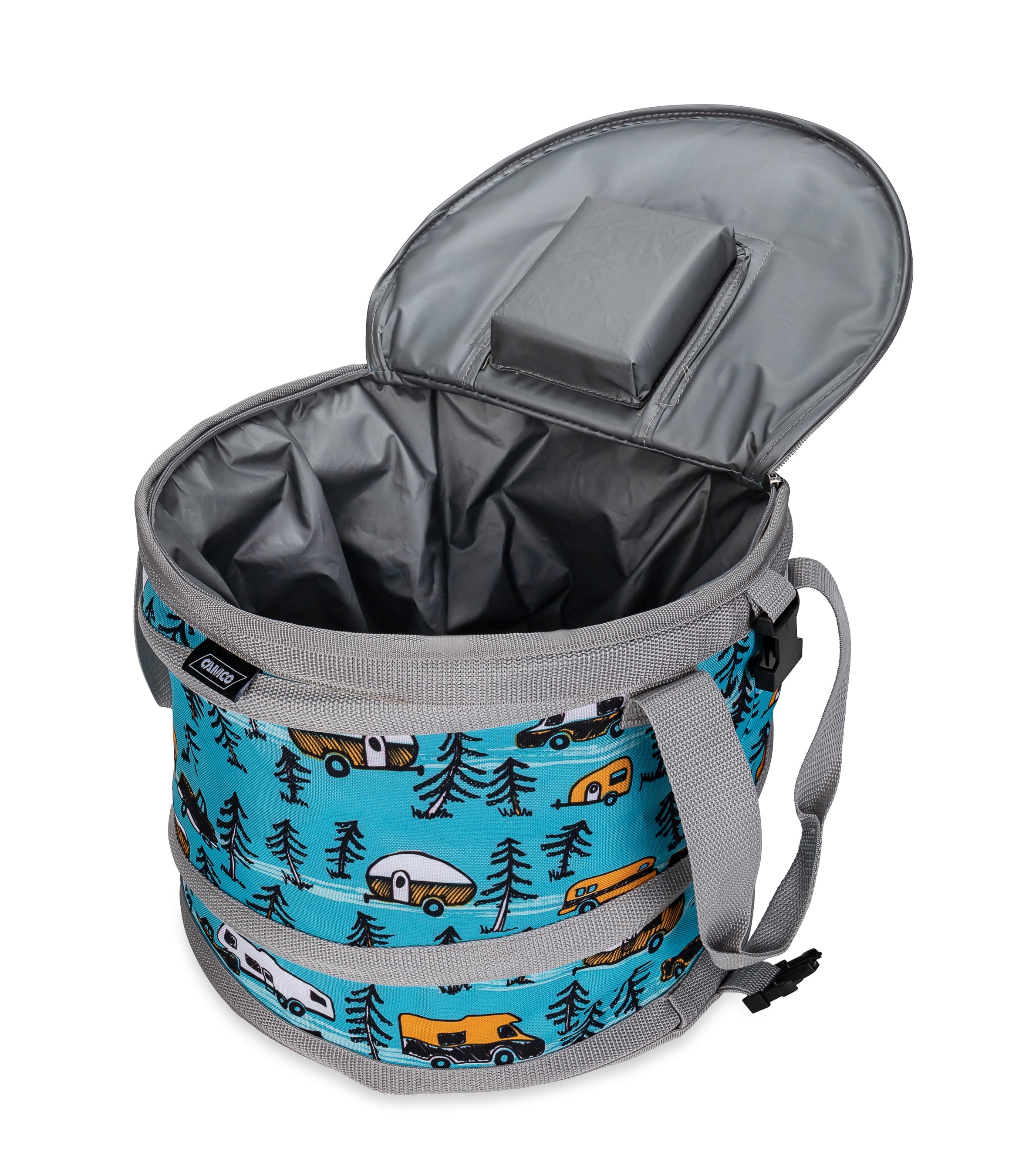 Camco Life is Better at The Campsite Camper/RV Pop-Up Cooler | Fabric, PVC Lining | Blue/Teal and Gray RV Sketch Design (53417)