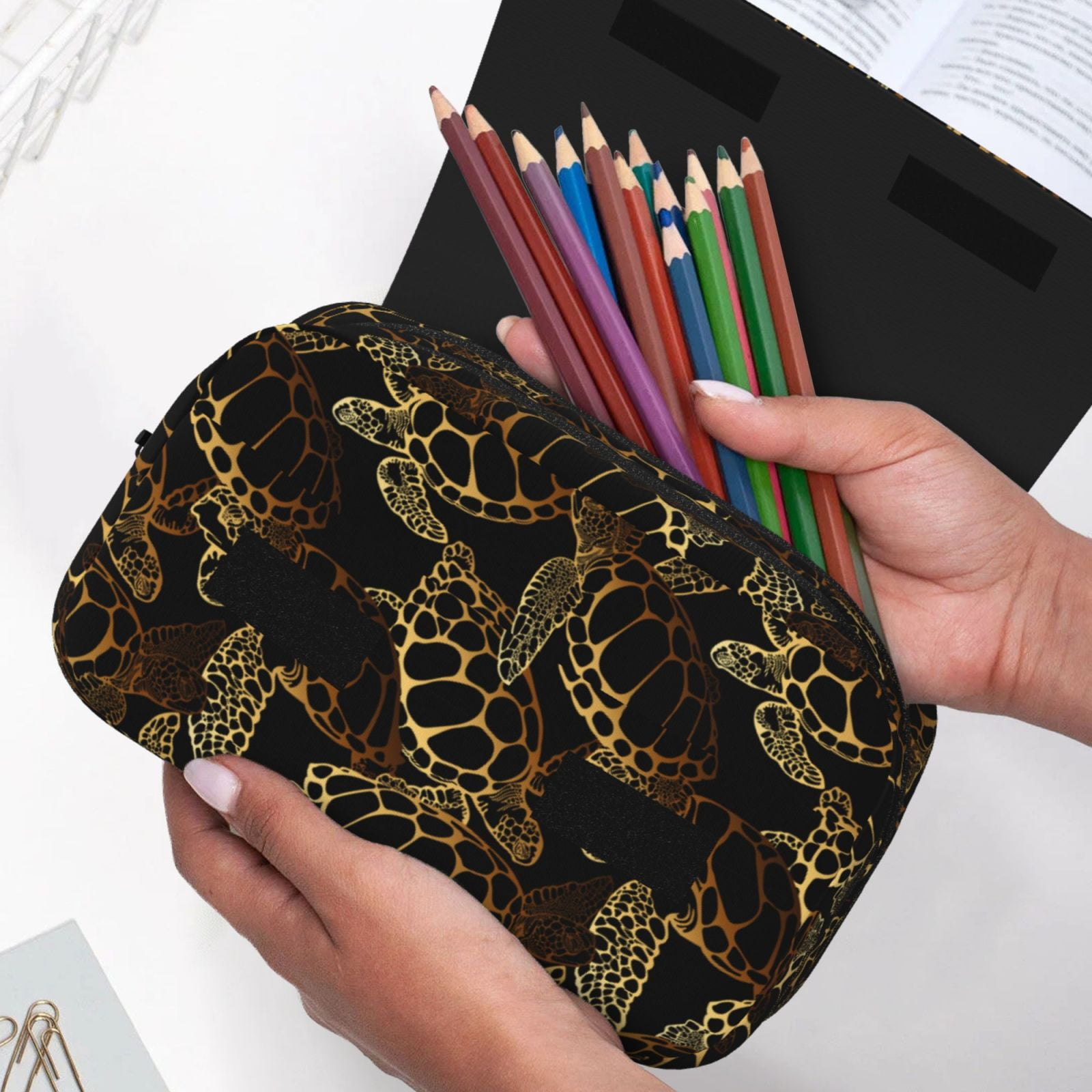 Rateoe Sea Turtle With Ocean Pattern Double Clamshell Pen Case, Storage Organizer with Two Zipper Compartments– Holds Up to 50 Pencils & Pens