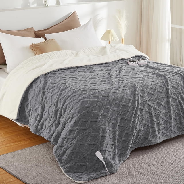 Eastvita King Size 90×100 Inch Thick Tufted Sherpa Heated Blanket with 10 Heating Levels/10 Time Settings/ETL Certified/Fast Heating/Grey
