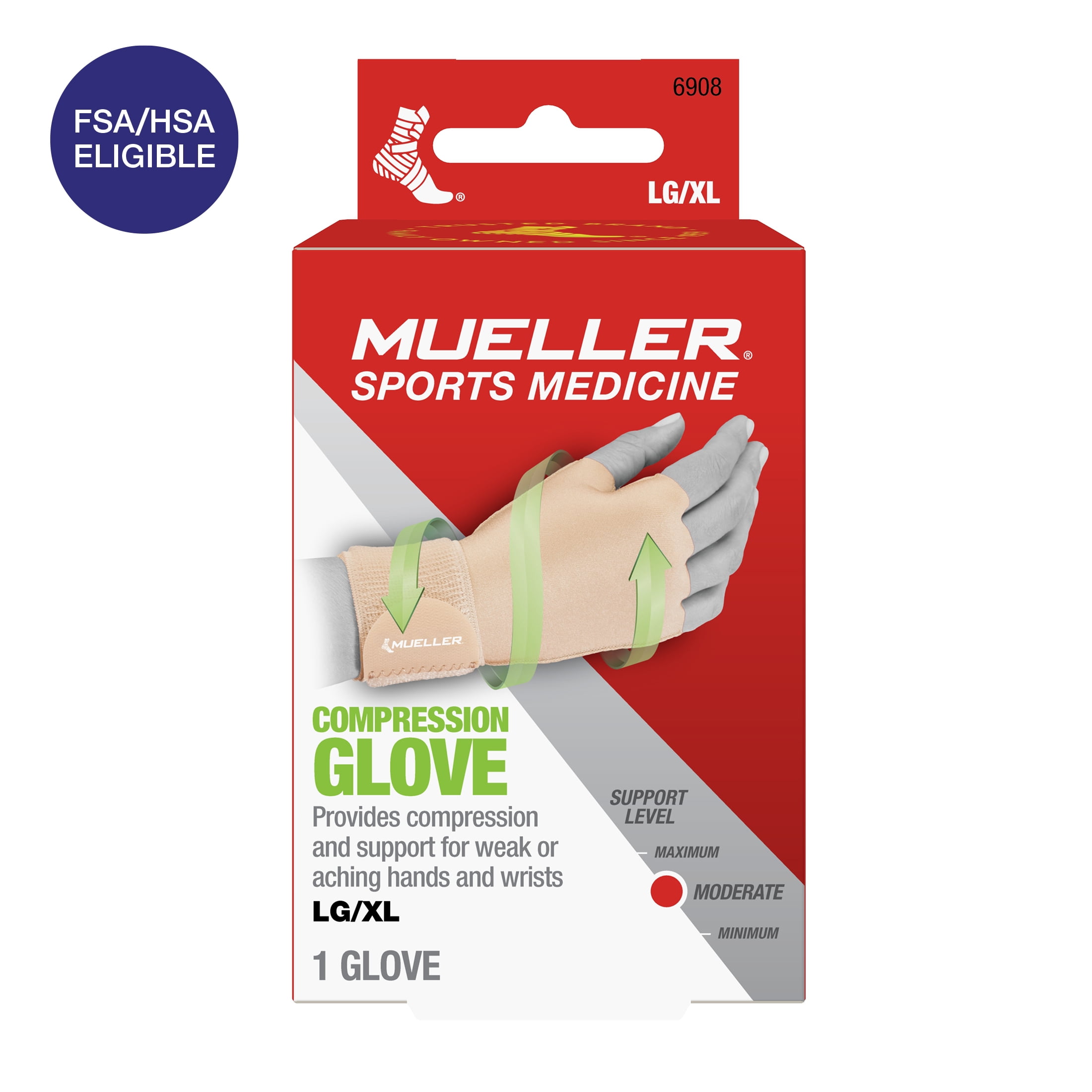 (2 pack) Mueller Compression & Support Beige Glove, Moderate Support, Single Glove, Unisex, Large/Extra Large