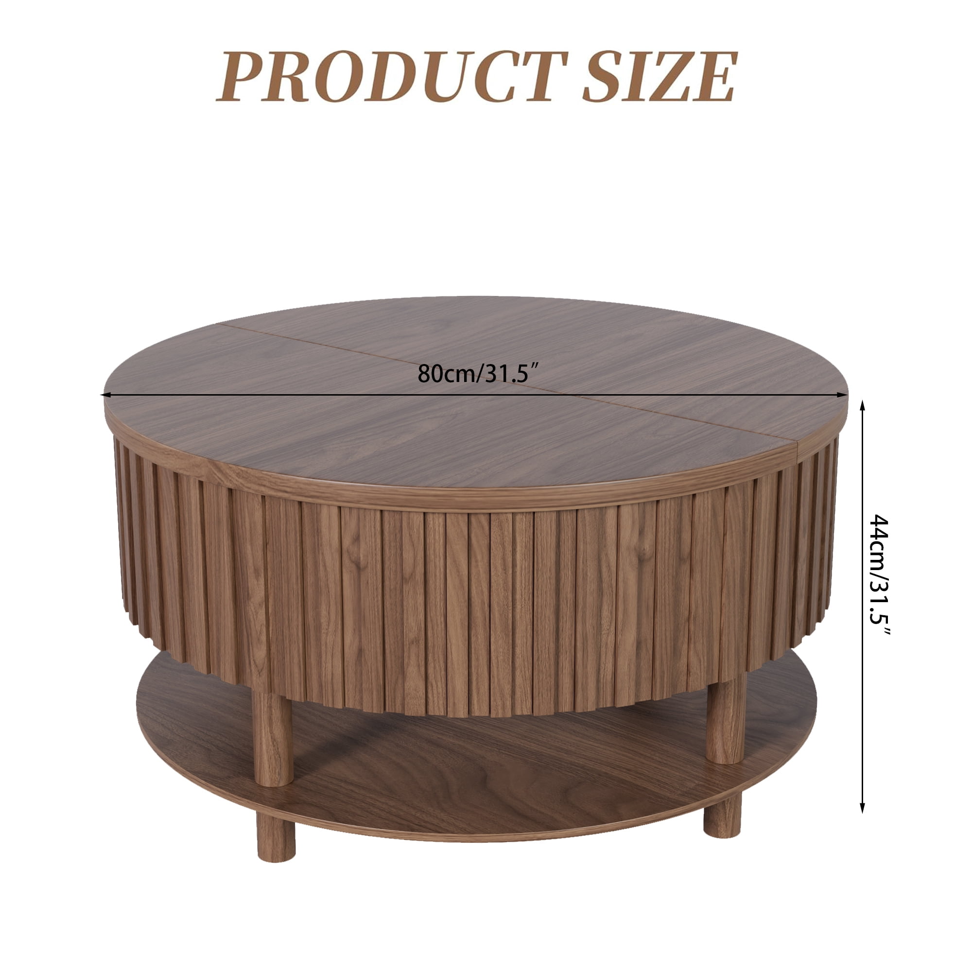 Round Lift Top Coffee Table with Storage, 2-Tier Center Table with Hidden Compartment, Circle Coffee Table with Open Shelf for Living Room, Walnut