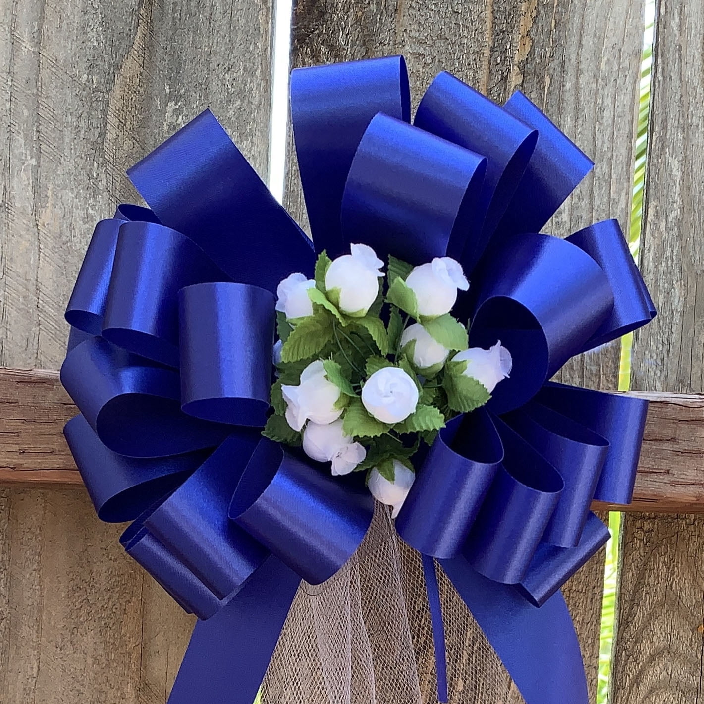 Royal Blue Pull Bows with Tulle Tails and Rosebuds - 8" Wide, Set of 6, Weddings, Easter, Memorial Day, 4th of July