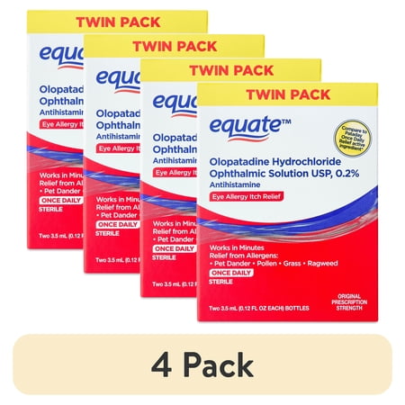 (4 pack) Equate Eye Itch Relief Antihistamine Eye Drops, Olopatadine HCL 0.2%, 3.5mL, 2 Count, Compare to Pataday Once Daily Relief Active Ingredient