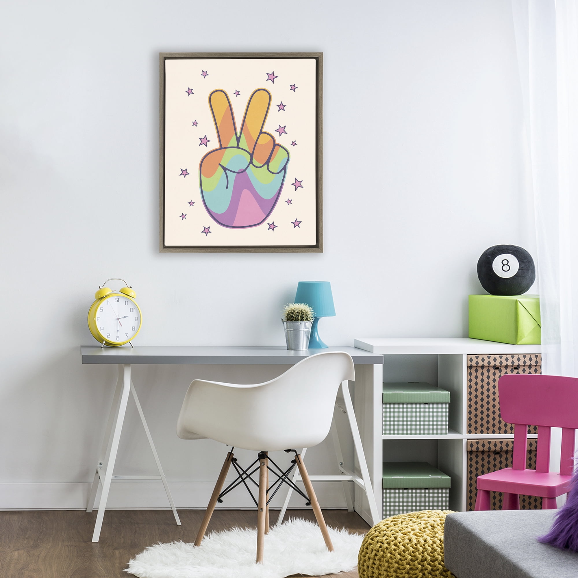 Stupell Industries Peace Sign Retro Rainbow Brown Framed Floater Canvas Wall Art, design by LSR Design Studio