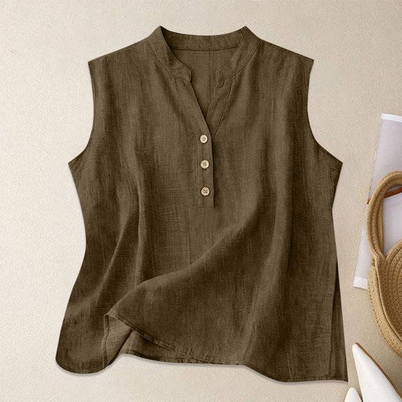 Harpily Womens Tank Tops Sleeveless Solid Color Decorative Buttons Cotton Linen Daily Office Yoga Workout Casual Shirts