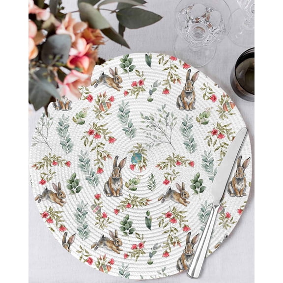 13 Inch Round Placemats Set of 6, Bunny Floral Easter Non Slip Heat Insulation PP Table Mats, Elegant Pastoral Spring Floral Washable Place Mats for Kitchen Dining Party Table Decor