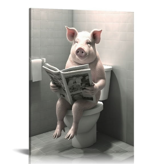 FUMJ Pig Kids Bathroom Wall Art Canvas Funny Animals In Toilet Reading Newspaper Black And White Wall Art Framed 16x20\