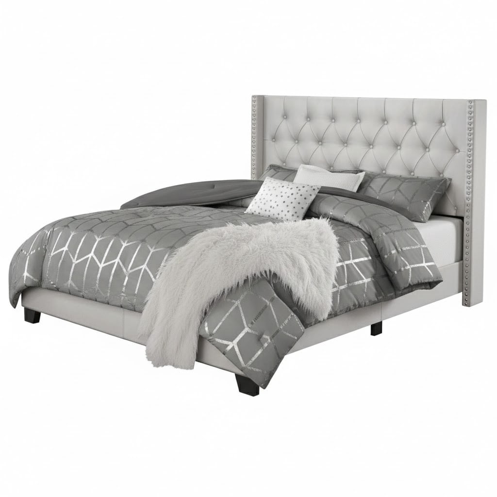 Home Design Brady Full Tufted Wingback Upholstered Panel Bed Frame, Silver Faux Leather