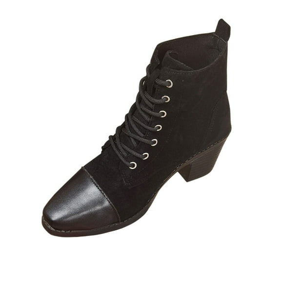 Black Ladies Booties With Square Toe Block Heel Lace-Up Design For Western Fashion