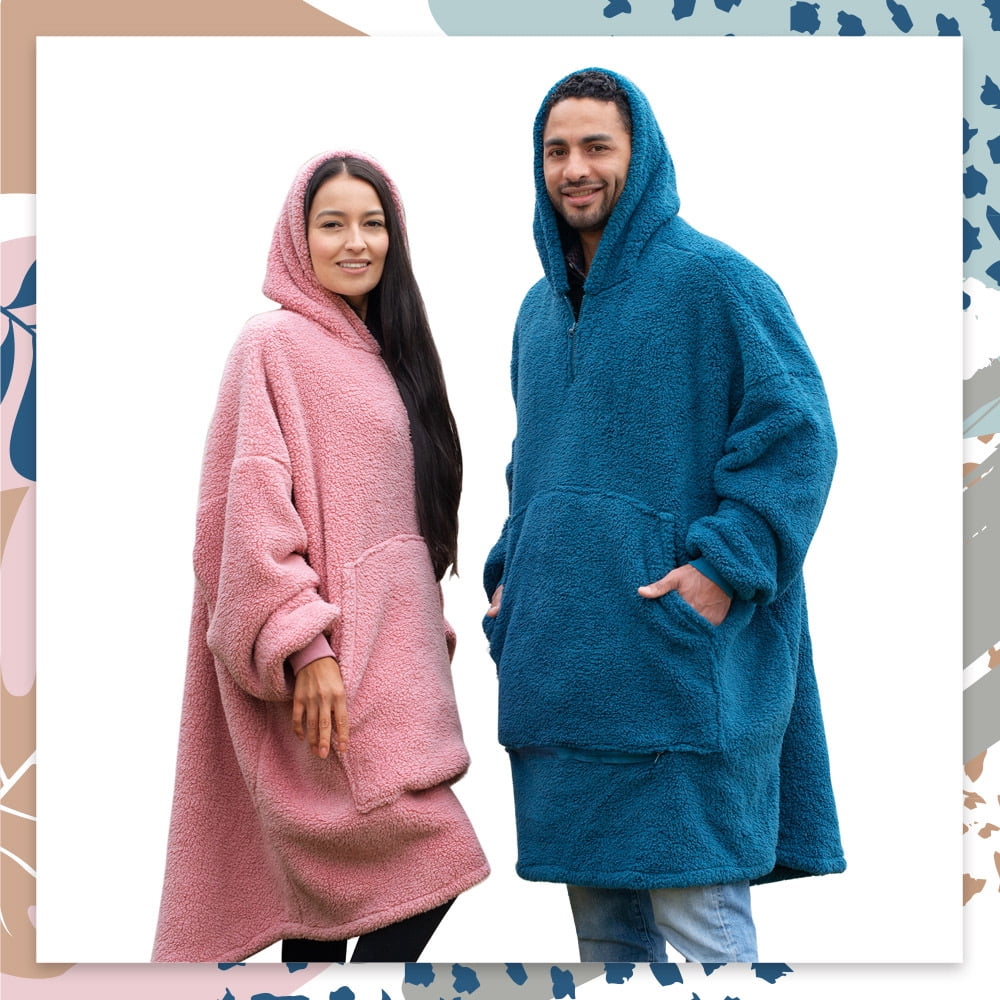 Tenby Wearable Blanket with Sleeves for Women and Men, Oversized One Size Sherpa Blanket Hoodie Sweatshirt with Front Pocket, Foldable Portable Travel Pillow with Handle and Trolley Straps, Blue