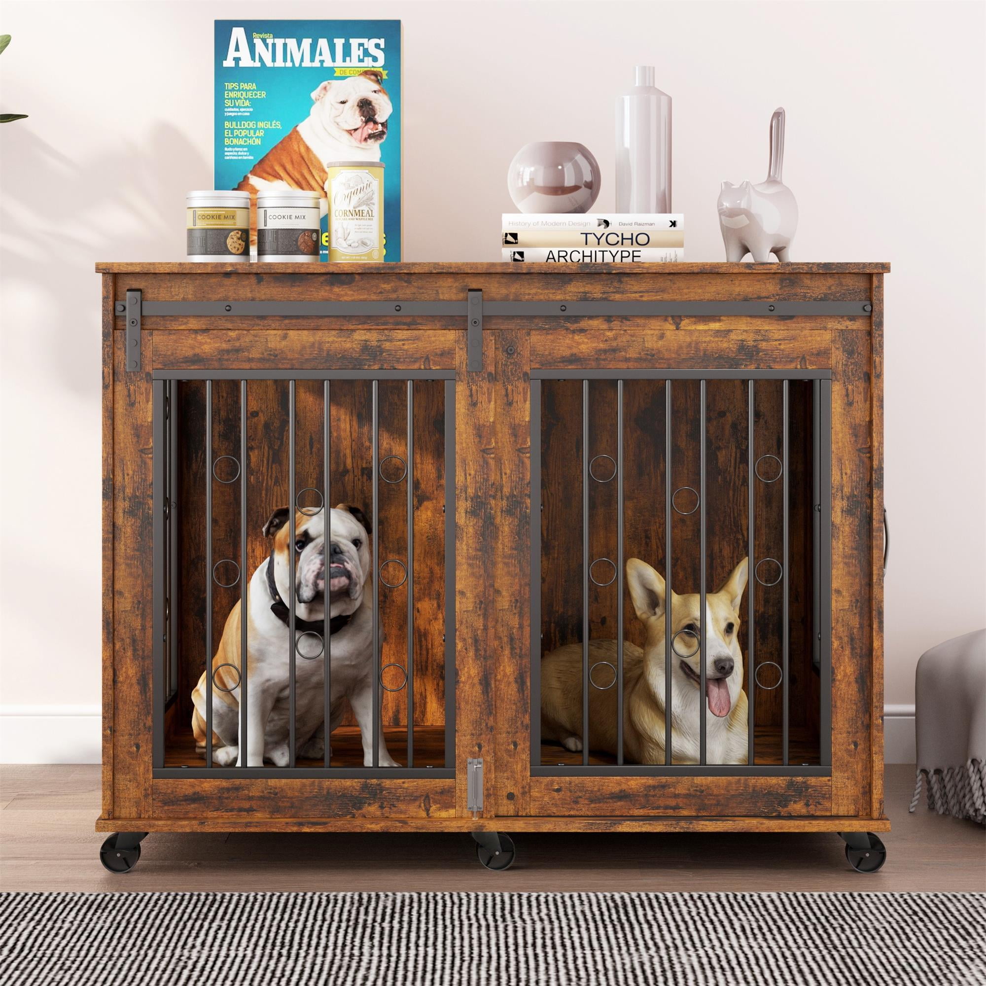 Pefilos 43" Sliding Door Dog Crate with Partition for Two Puppies, Furniture Style Dog Cage with Wheels, Dog House Kennel for Indoor Dogs, Brown Pefilos 43" Sliding Door Dog Crate with Partition for Two Puppies, Furniture Style Dog Cage with Wheels, Dog House Kennel for Indoor Dogs, Brown