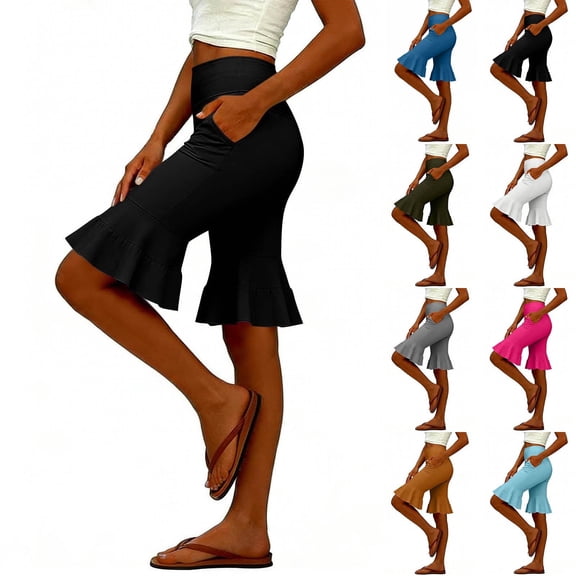 Zynoxe Womens Knee Length Yoga Pants High Waisted Tummy Control Ruffle Flare Hem Stretch Athletic Cropped Pants with Pockets White S