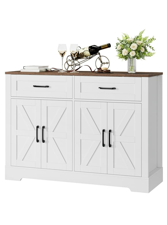 Homfa Farmhouse Buffet Sideboard for Kitchen, 2 Drawers & 4 Doors Wood Storage Cabinet for Living Room, White