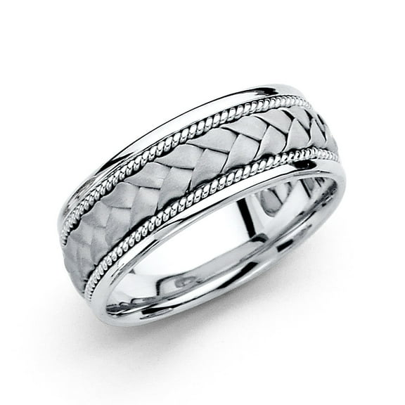 Solid 14k White Gold Wedding Band Rope Braided Ring Design Comfort Fit Polished Style Mens 8 mm, Size 8