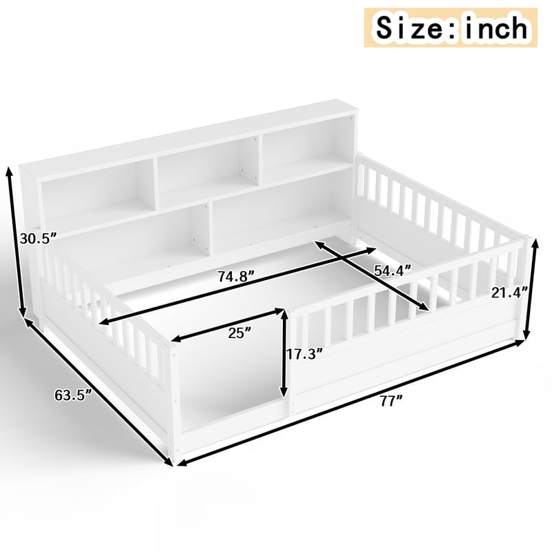 Bellemave Full Montessori Bed with Storage Shelves, Wood Floor Bed with High Rail and Bookcase, Easy Assemble Full Size Beds Frame(White)