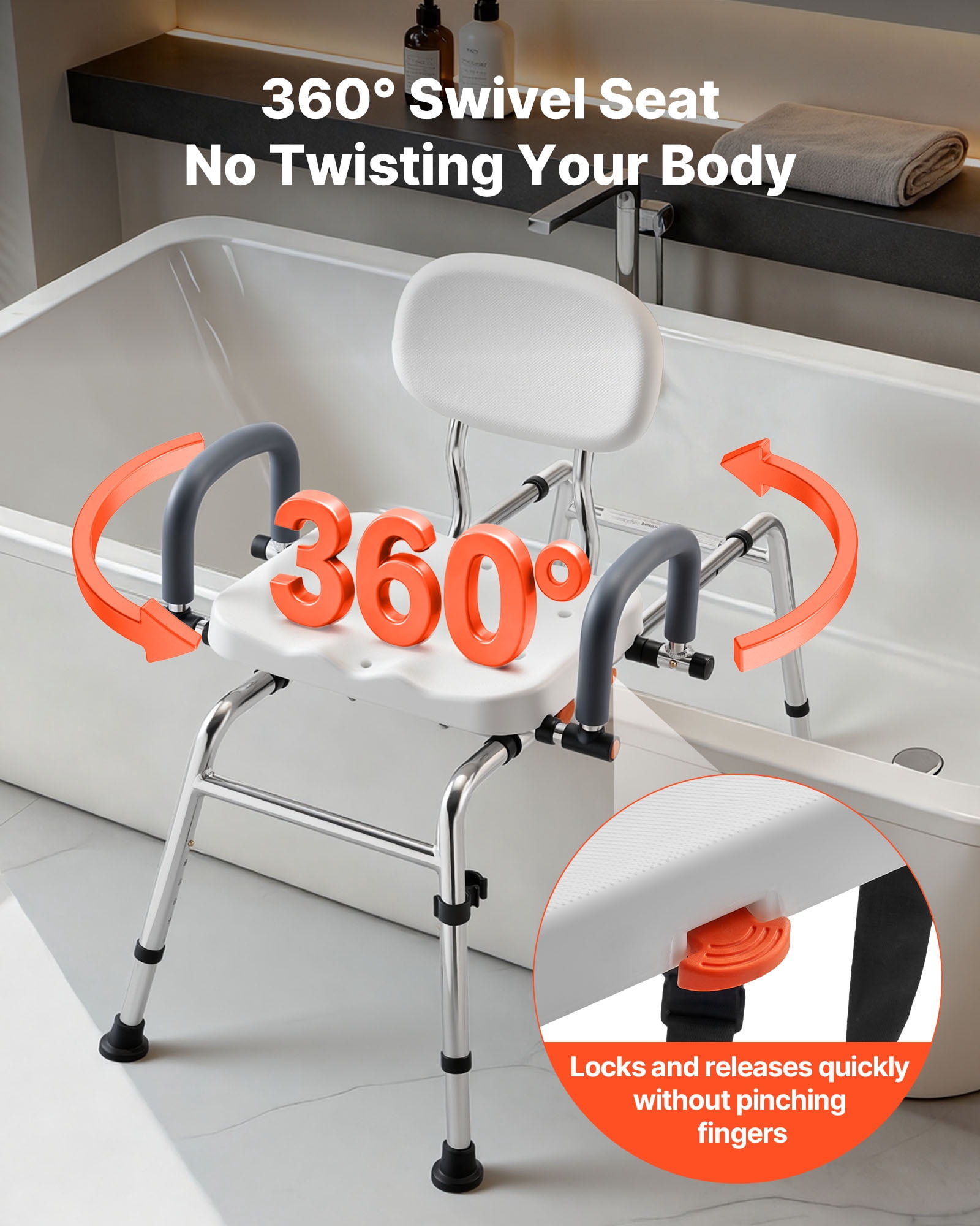 VEVOR Sliding Shower Chair, 400 lbs Tub Transfer Bench for Bathtub with Swivel Seat, Shower Bench with Pivoting Arms and Backrest, Height & Width Adjustable for Handicap, Seniors,Elderly and Disabled