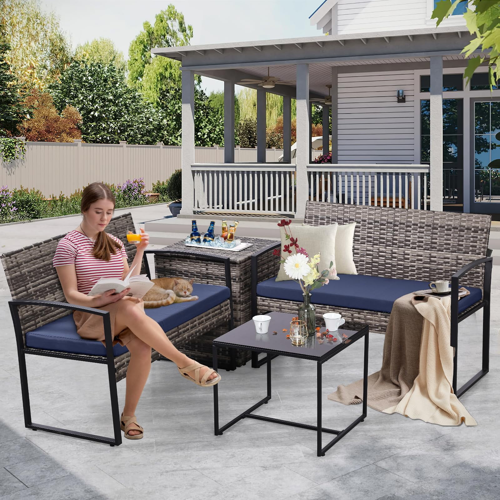 4 Piece Outdoor Patio Furniture Set,Wicker Conversation Sets Patio Sofa Couch with Built-in Beverage Cooler Storage Box & Coffee Table for Outside, Garden, Balcony, Porch,Grey/Blue