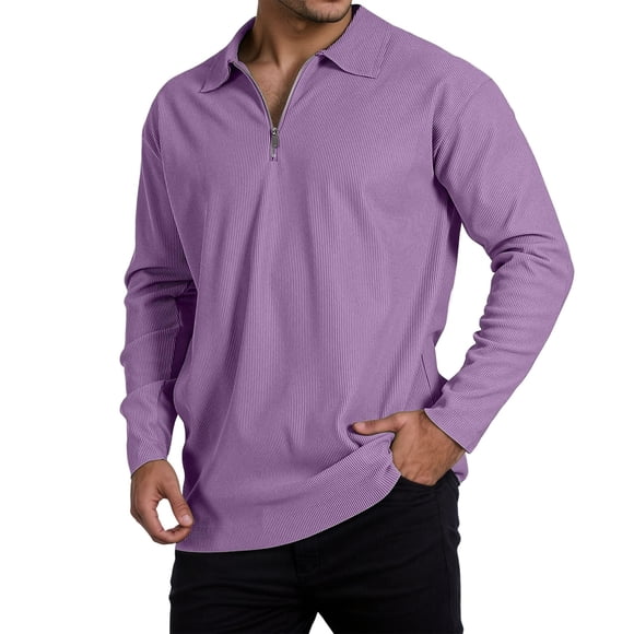 Adult Polos for Men Long Sleeve Quarter Zip Tees Shirts Slim Fit Purple T Shirt for Men