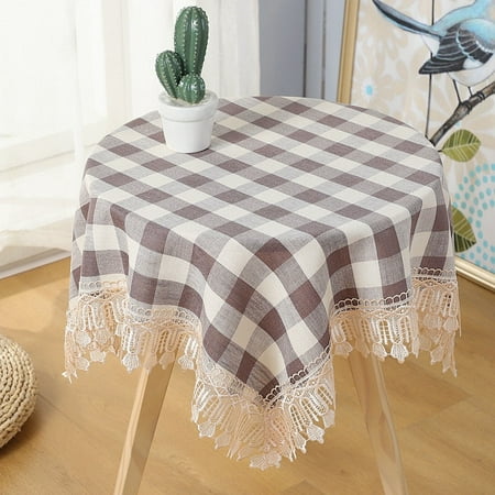 

Square Tablecloth For Round Table Elegant Plaid Tablecloth With Lace Trim Dustproof Table Cover-Tawny-130*130cm