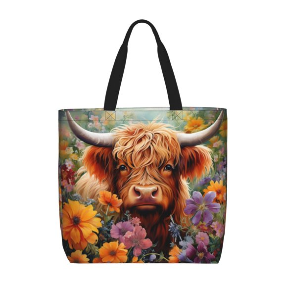 Picia Countryside Colorful Floral Cow for Tote Bag for Women with Zipper, Gym Tote with Compartments, Laptop Work Tote Nurse Dance Yoga Bag for Sport, Travel