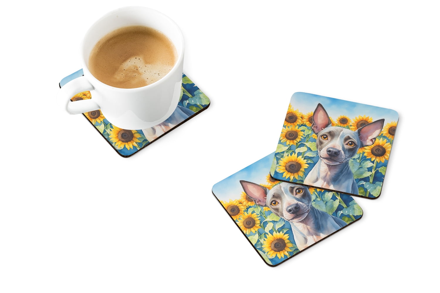 American Hairless Terrier in Sunflowers Foam Coasters 3.5 in x 3.5 in