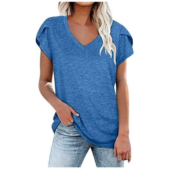 USSUMA Womens Blouses and Tops Dressy Women's Short Sleeve Casual Tops Petal Sleeve V Neck T-Shirts Basic Summer Tee Top Loose Fit Tunic