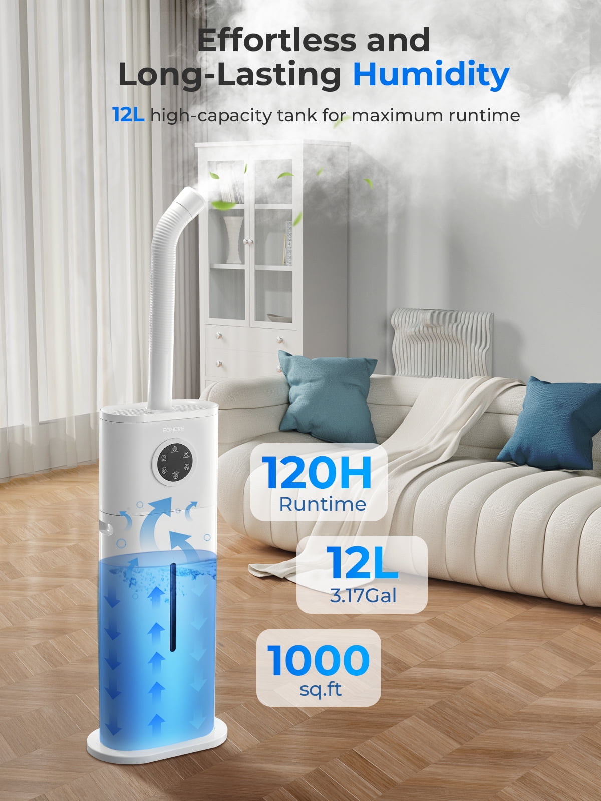 12L Large Room Cool Mist Humidifier, Ultrasonic Floor Humidifier with Smart Humidity Control, 24H Timer, Sleep Mode, Auto Shut Off, Quiet Top Fill Design, Ideal for Home, Baby Nursery, Plants, White
