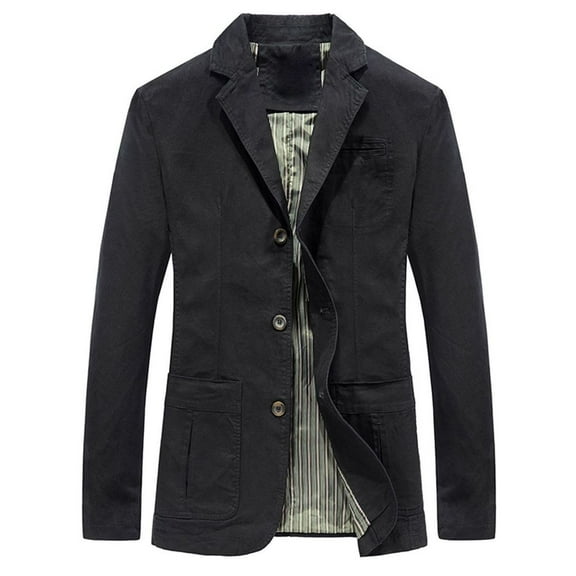 Previn Men's Long Sleeve Blazer Winter Suit Jackets Cotton Coat Vintage Fitted Fall Spring Button Date Night Outerwear Pocket Black Medium