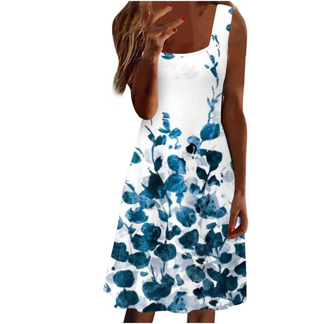 Vestidos Para Mujer Vestidos Casuales de Moda Comtable Sin Mangas Cuello Redondo Vestido Estampado Odeerbi ODB155501