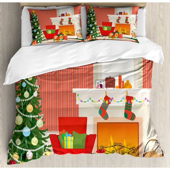Fireplace Duvet Cover Set Queen Size, Cartoon Design Living Room Look with Christmas Essential Tree and Present Boxes, Decorative 3 Piece Bedding Set with 2 Pillow Shams, Multicolor, by Ambesonne