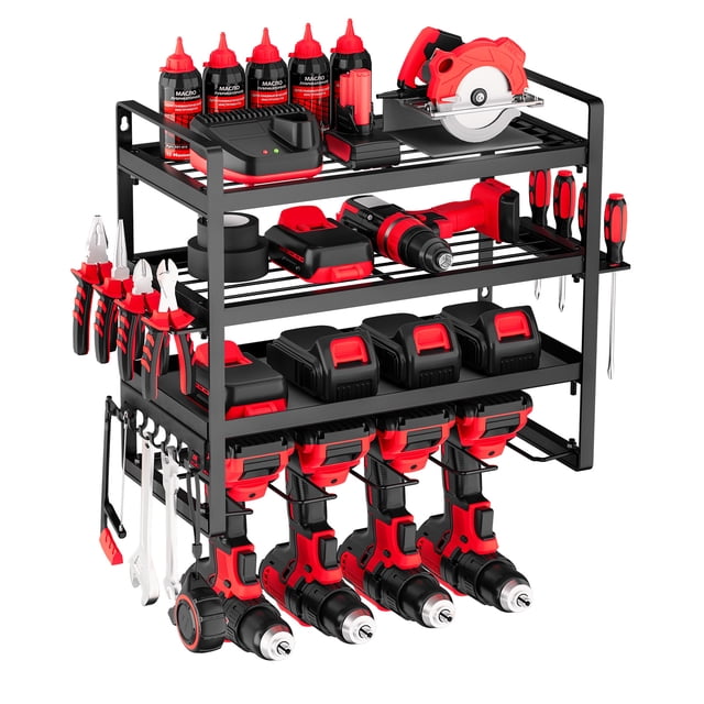 Organizador de herramientas electricas VEVOR de pared con 4 niveles para taladros y 4 soportes para taladros