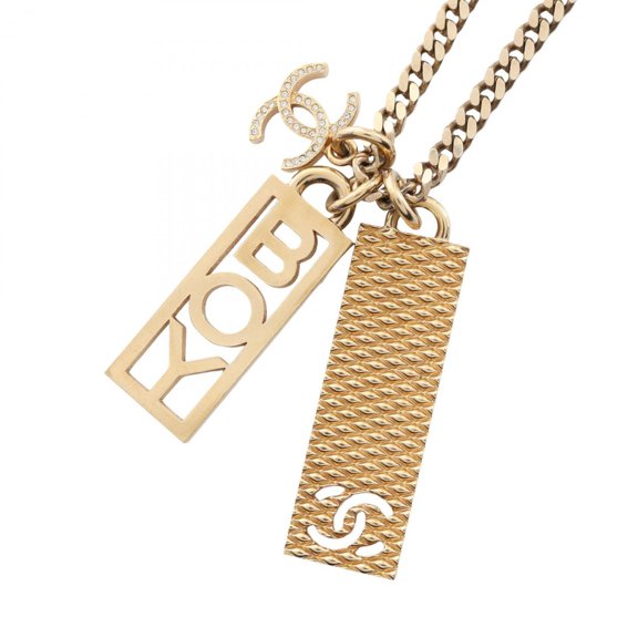 Pre-Owned Chanel Coco Mark Plate Necklace, Gold Plated (GP), Women's, Tone, C22P
