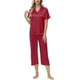 thumbnail image 5 of Gfyviroh Womens 2 Piece Pajamas Sets Solid Silk Satin Loungewear Outfits Button Turn-down Collar Short Sleeve Tops and Capri Pants Sets, 5 of 9