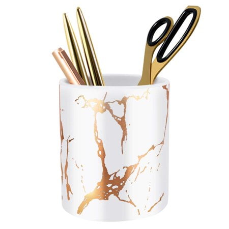 WAVEYU Porte-Stylo, Porte-Crayon pour Bureau, Organisateur de Bureau en Marbre Mignon, Tasse en Céramique Durable, Tasse Porte-Brosse de Maquillage Décoratif, Porte-Pape pour Bureau, École, Maison, Or Blanc
