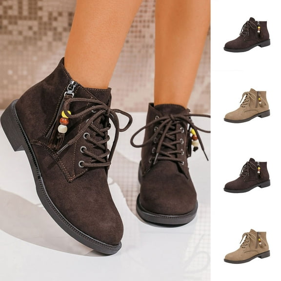 Miluxas Ankle Boots for Women Chunky Low Heel Round Toe Short Boots for Women Comfortable Lace up Side Zipper Fall Business Casual Shoes Khaki 9.5(43)