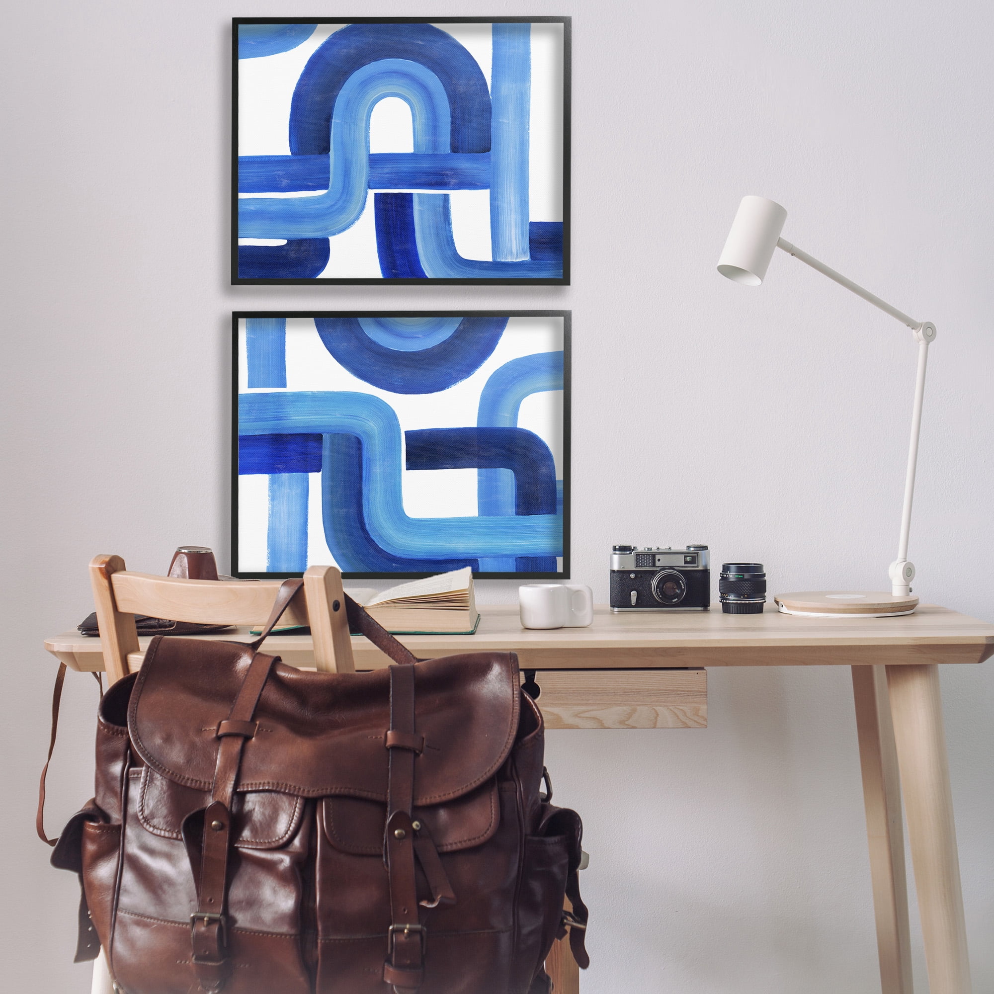 Stupell Industries Woven Blue Geometric Lines Abstract Painting Black Framed Art Print Wall Art, 30 x 24, Set of 2