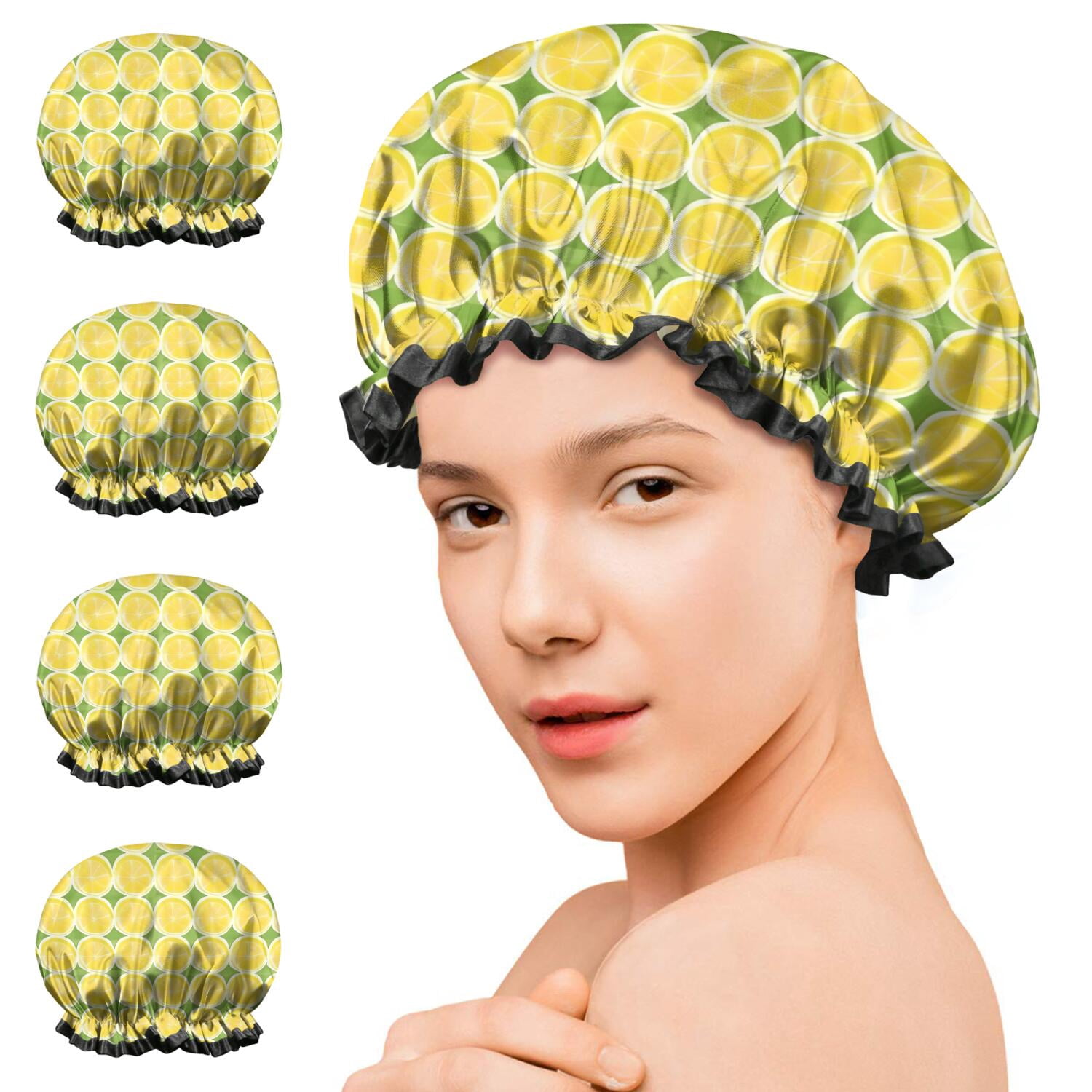 Shower Caps,Yellow Lemon Slices Green Pattern Waterproof Shower Cap for Women 4 Pieces,Double Reusable Hair Cover for Shower PEVA Elastic Stretch Hem