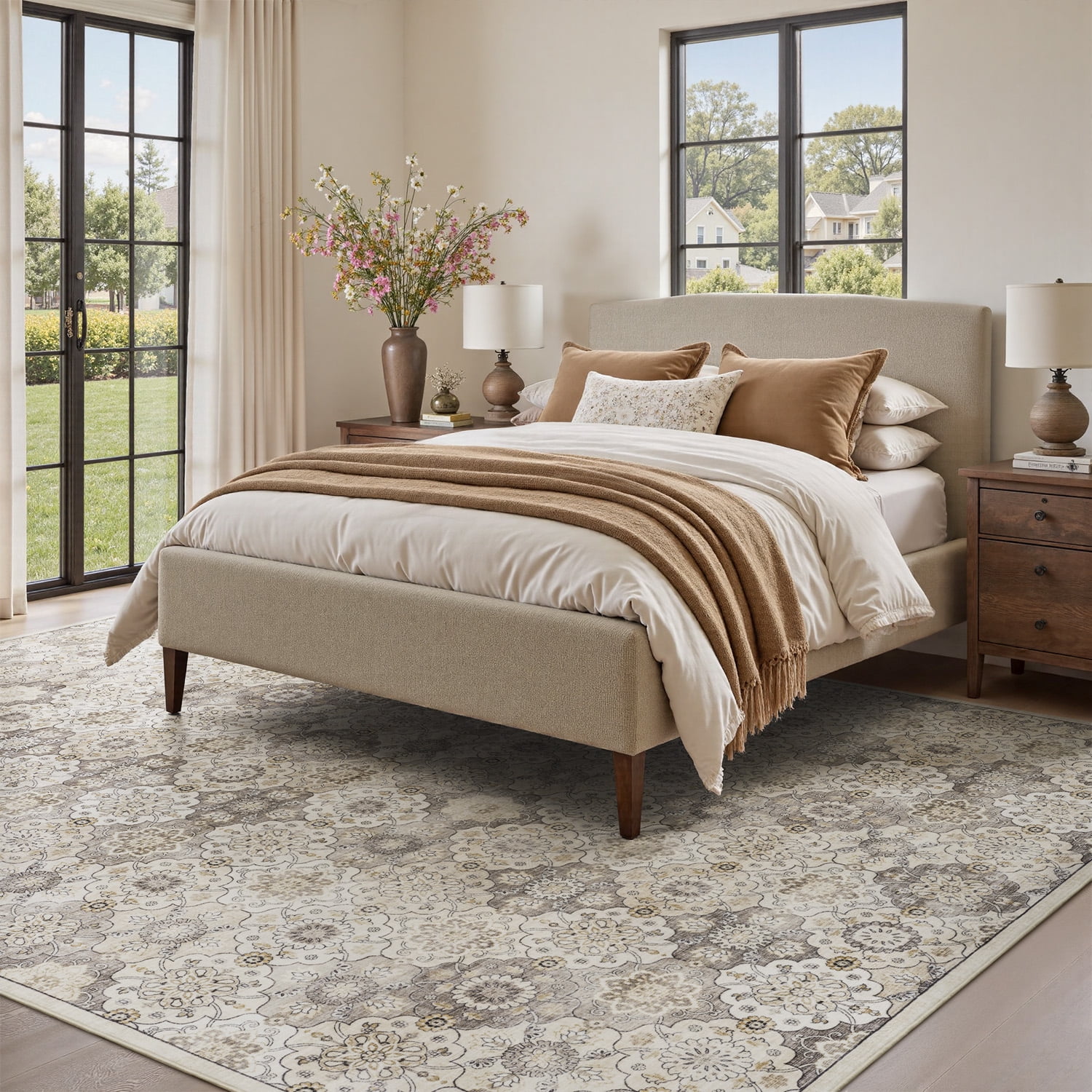 SIXHOME 9'x12' Area Rugs for Living Room Washable Vintage Floral Rugs Artistic Carpet Neutral Soft Rugs for Bedroom Dinning Room Office Home Decor Beige