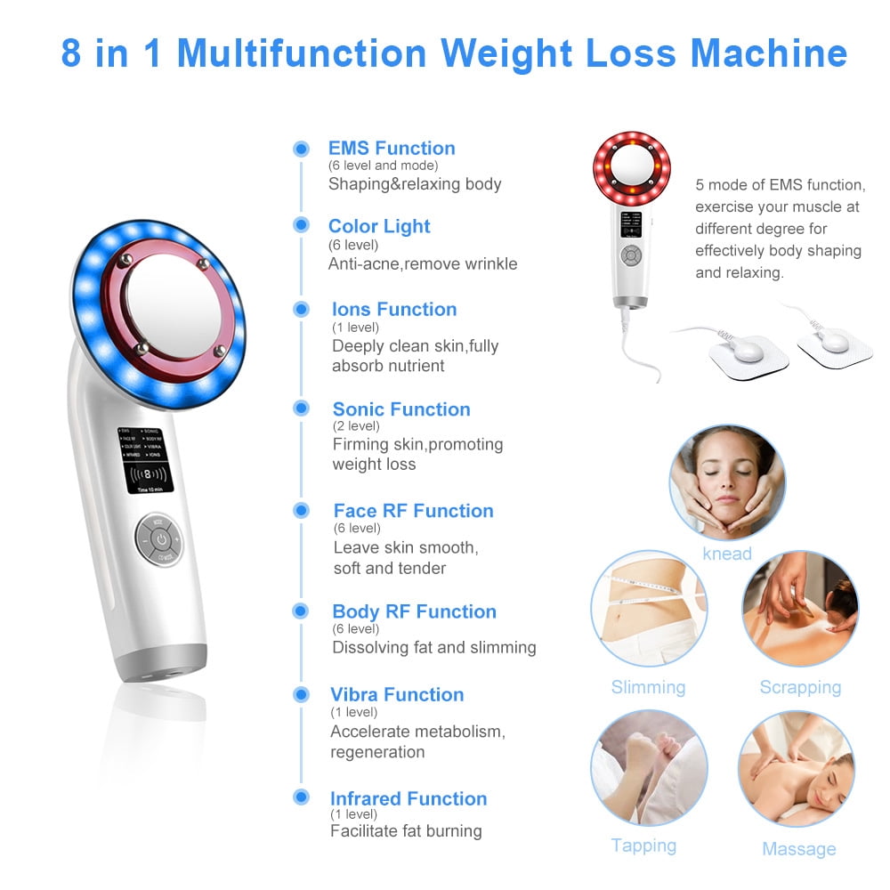 8-in-1 Ultrasonic Slimming Device RF Radio Frequency LED Color Light EMS Physiotherapy Vibration Shaping Beauty Device