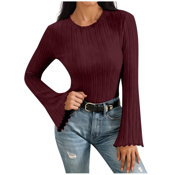 Lenpel Women's Lightweight Sweaters Trendy Crew Neck Ribbed Knit Bell Long Sleeve Shirts Soft Casual Blouses(Wine,X-Large)