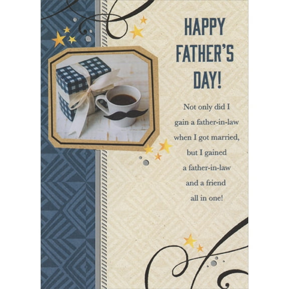 Designer Greetings Gift with Bow and White Coffee Mug with Mustache Father's Day Card for Father-in-Law